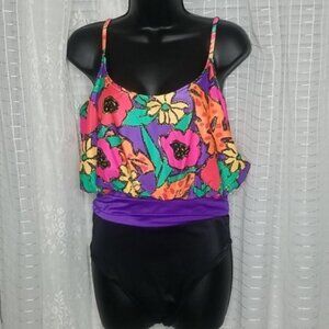 Vintage 80s 90's Black & Purple Tropical Floral Print  Swimsuit SzXL
